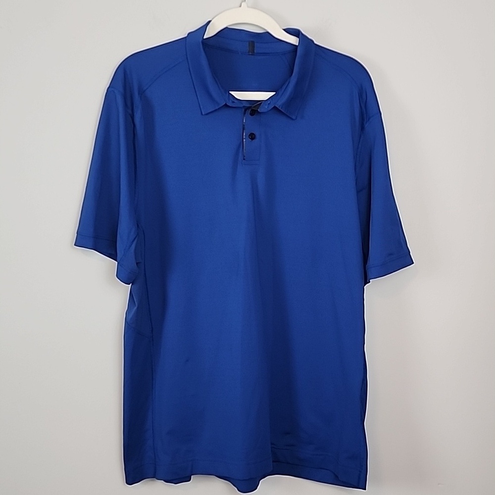 Lululemon Pivot Polo Men XL Royal Blue Short Sleeve Leather Collar